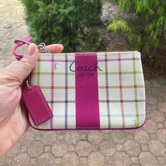 Coach Heritage Tattersall Pink Stripe Wristlet - Picture 1 of 8